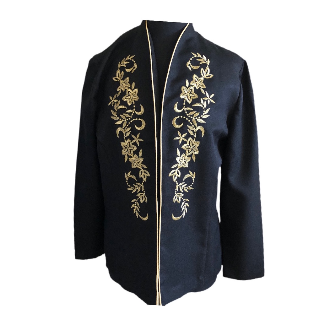 Elizabeth Williams Womens Open Front Black Floral Embroidered Gold Trim Jacket